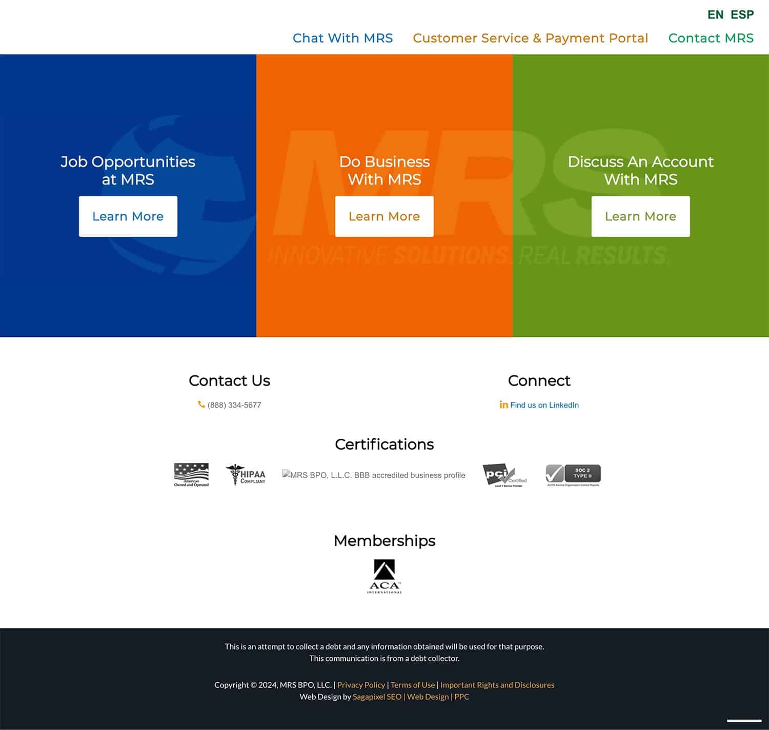 MRS BPO LLC Debt Collection Website Example