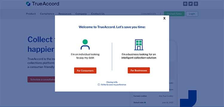TrueAccord Pop Up- Debt Collection Website Example